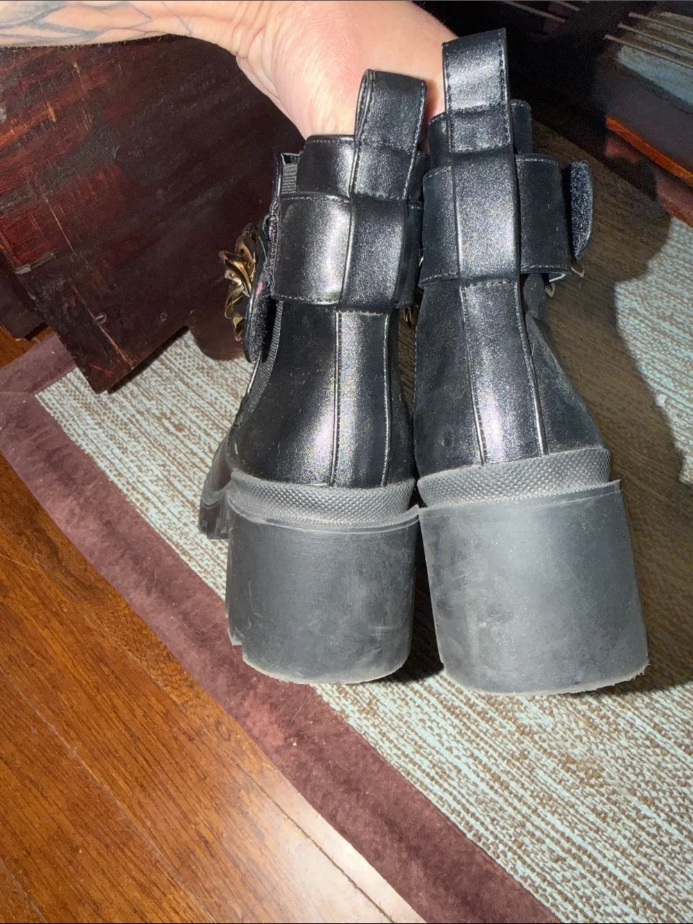 Cape Robbin Black Ankle Boots with Gold Chain Trim